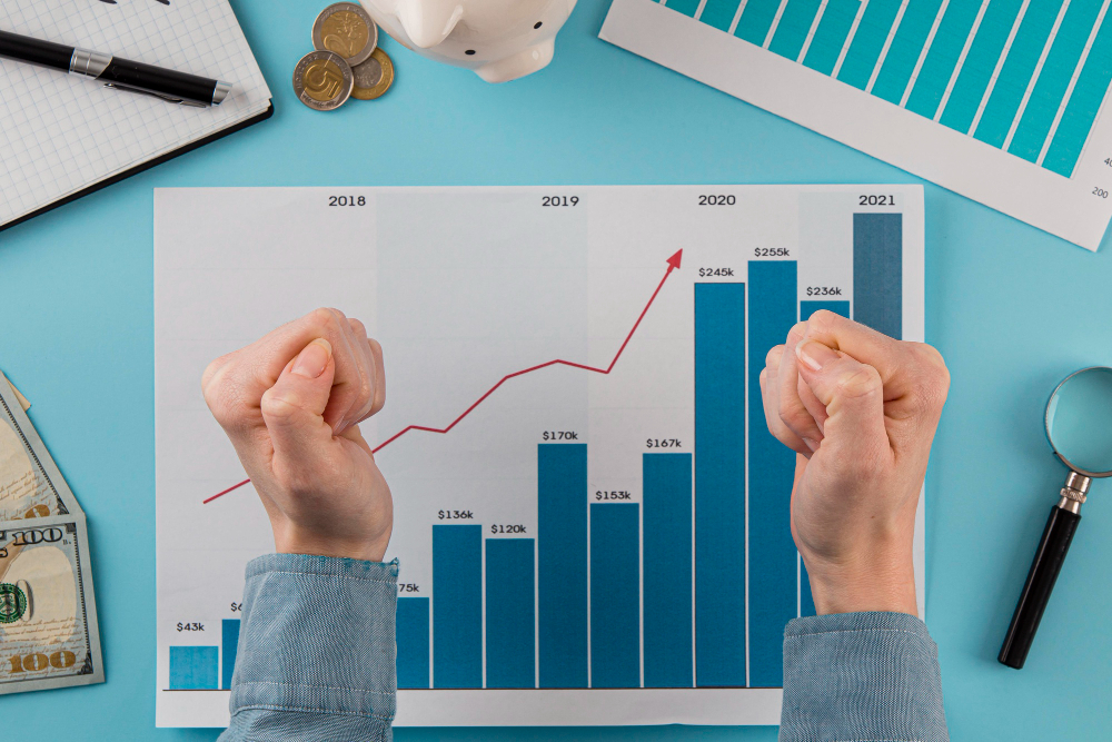 Top view of business items with growth chart and hands in fists Performance Marketing